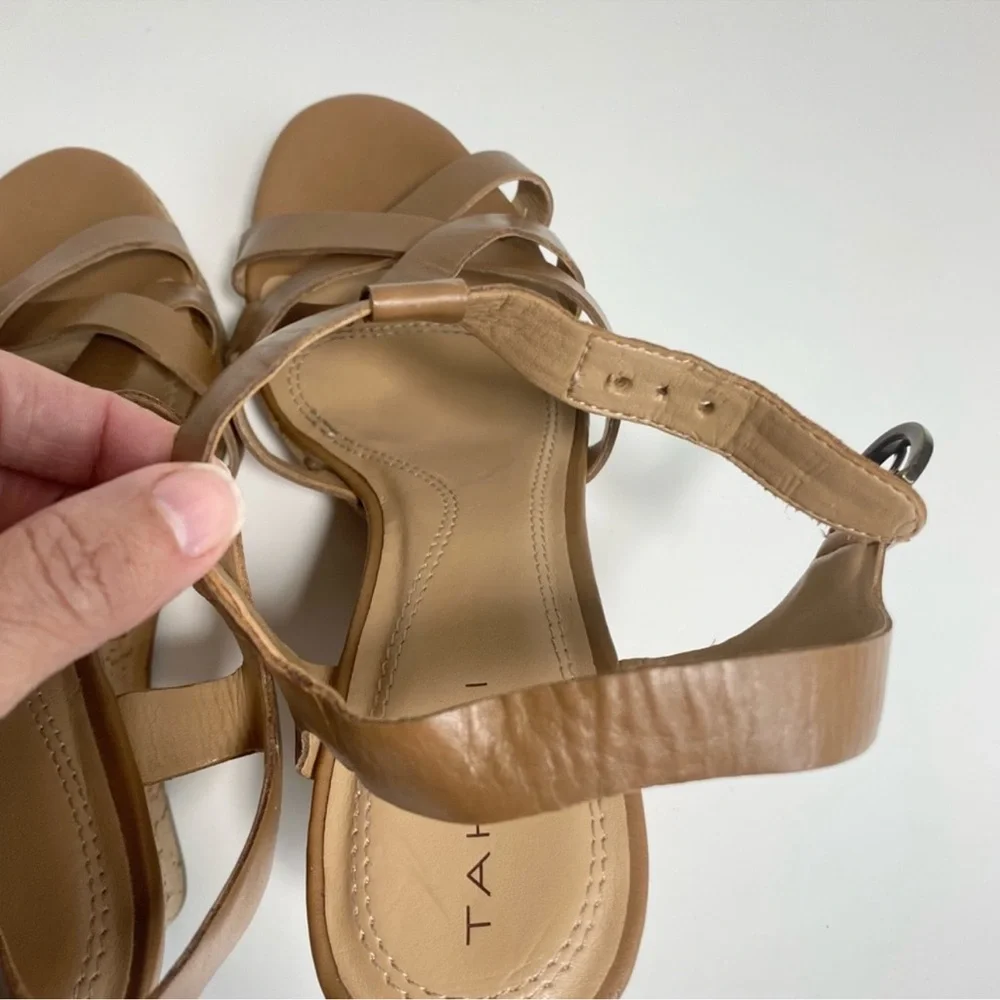 Tahari Sarah Brown Leather Strappy Wedge Sandals
